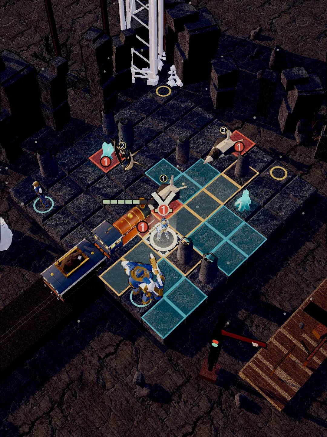 A board from an early build: a squad of three beside an orange locomotive on a dark stone grid, with blue move tiles and red Harrow targets.