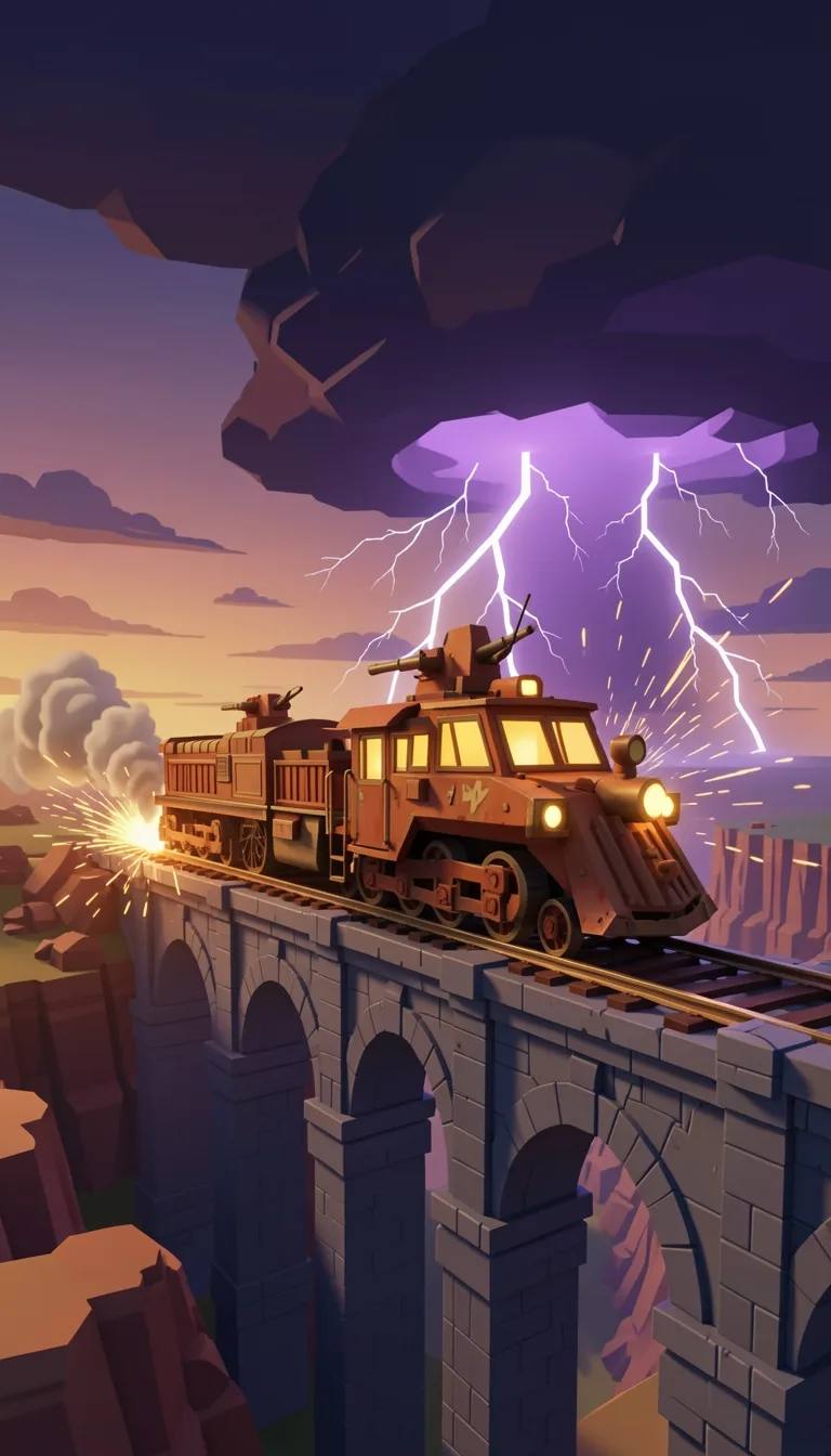 Concept art: an armoured train with a gun turret crosses a stone viaduct at dusk, under purple lightning.